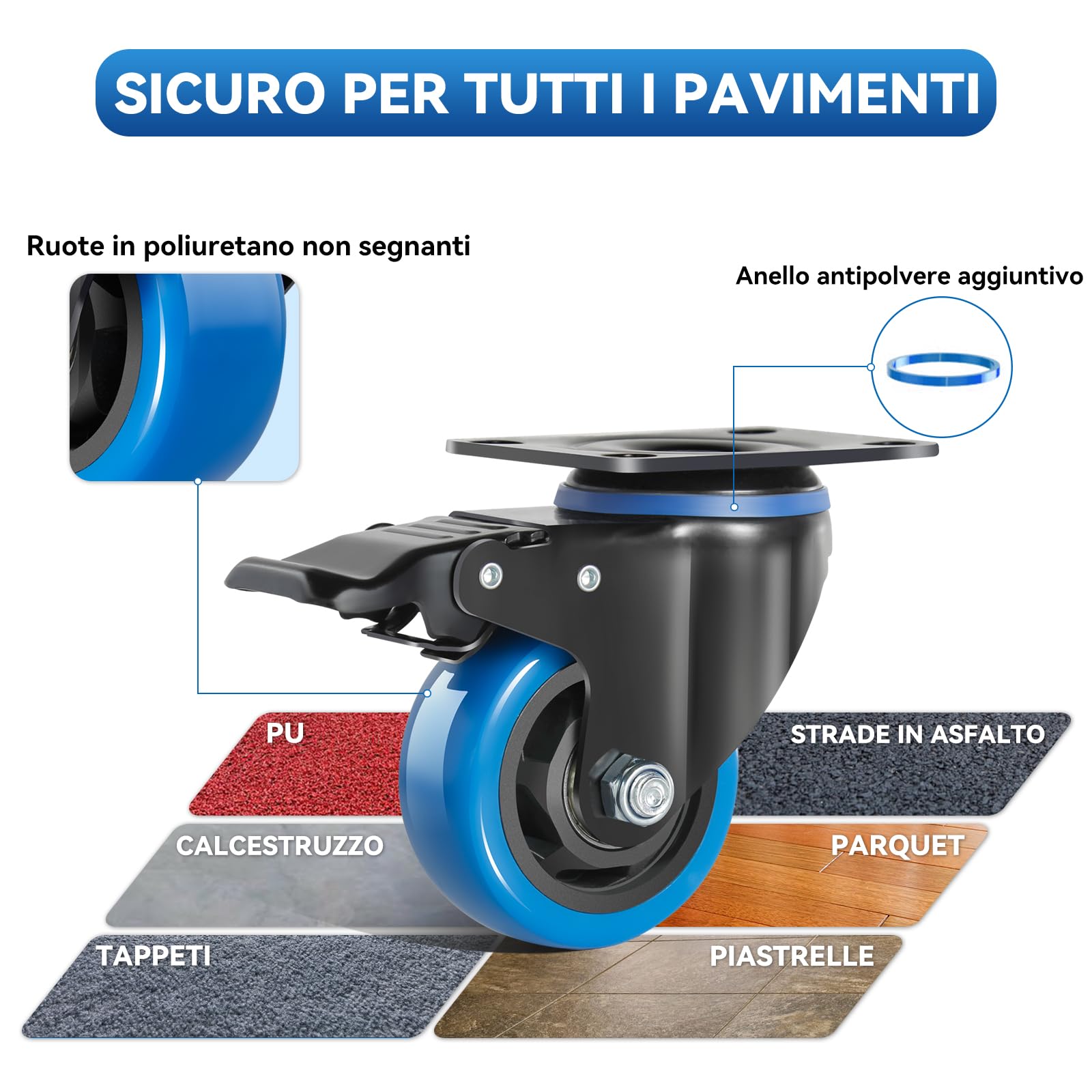 Ruote Girevoli per Carrello 75mm Blu con Freno e Bulloni - Set di 4 Ruote per Mobili Ruote per Carichi Pesanti Fino a 500KG - per Uso Interno ed Esterno - Con Rotazione a 360°