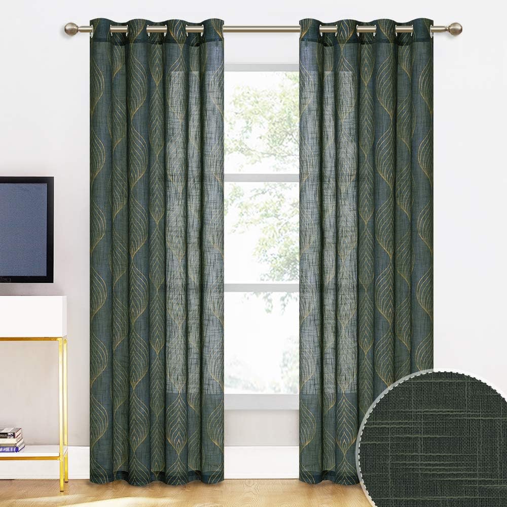 KGORGE Sheer Curtains for Bedroom - Curtains 84 inches Long Soft Light Filtering Geometry Leaves Print Window Treatments for Bathroom French Door Living Room Office, 2 Panels, Sage