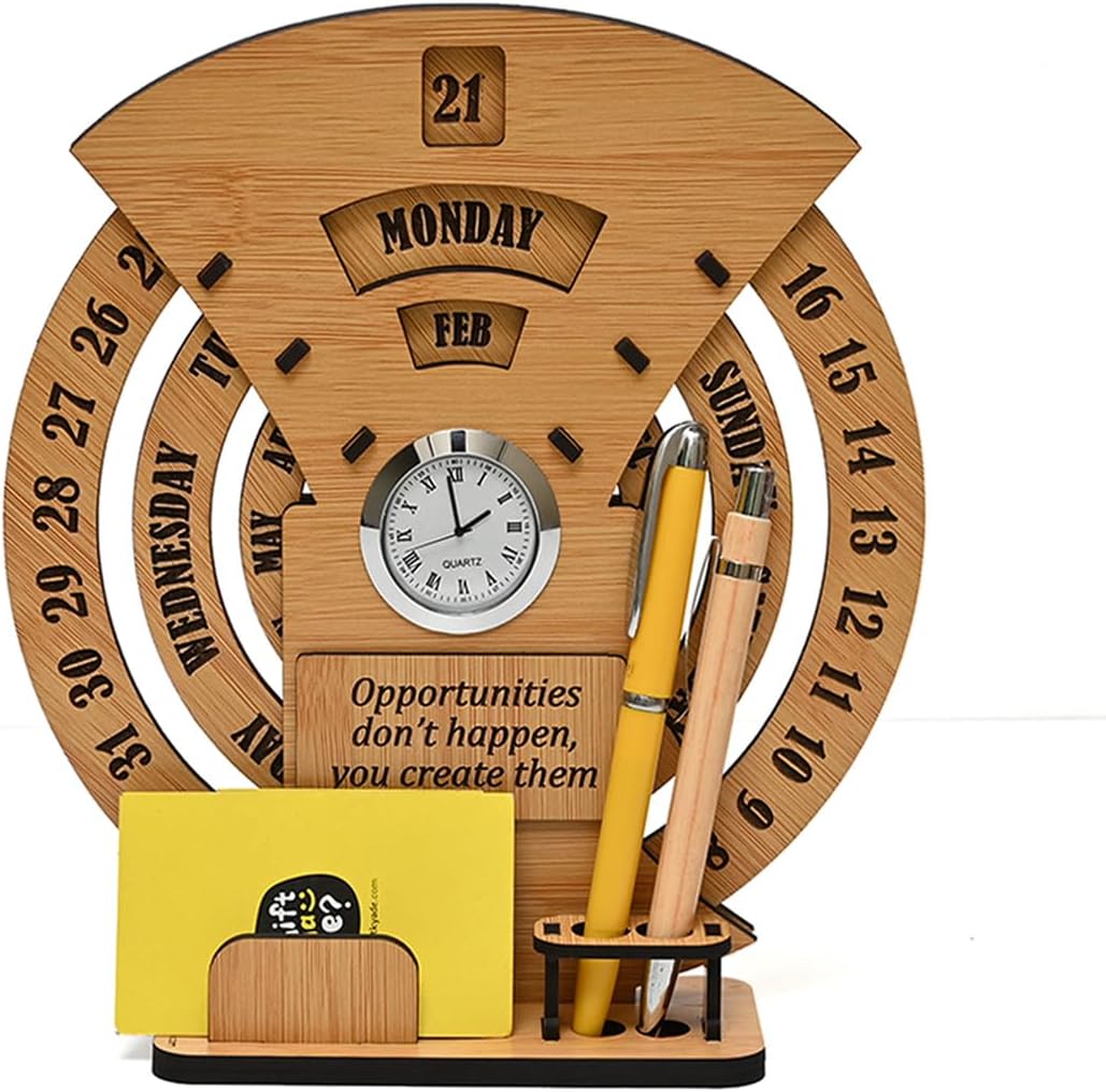 GKD Lifetime Wooden Desk Calendar 2026 with Clock & Desk Organizer | Reusable Infinite Calendar | Office & Home Desk Decor | Corporate Gift (Bamboo Eco-friendly)