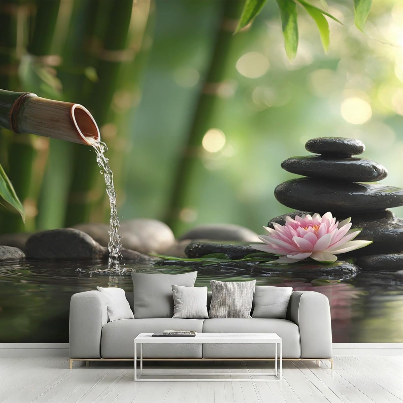 Carta da parati per meditazione, nera e verde, per camera da letto, pace, spa, loto, zen, pietra, con foto, soggiorno, carta da parati in tessuto non tessuto, decorazione murale, motivo, 400 cm x 280