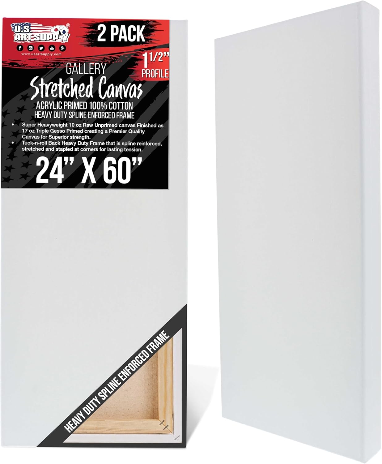 U.S. Art Supply X-Large Stretched Canvas for Painting 24x60 inch Gallery Depth 1-1/2" Thick, 2-Pack - 12oz Acrylic Gesso Triple Primed, Professional Artist Quality, 100% Cotton - Oil, Pouring Paint