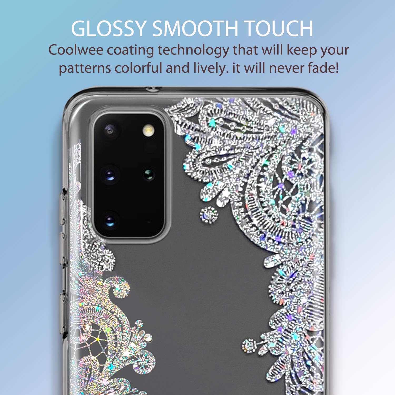 Coolwee Clear Glitter for Galaxy S20 Plus Case Thin Flower Slim Cute Crystal Lace Bling Women Girls Floral Plastic Hard Back Soft TPU Bumper Protective Cover for Samsung Galaxy S20 Plus Mandala Henna