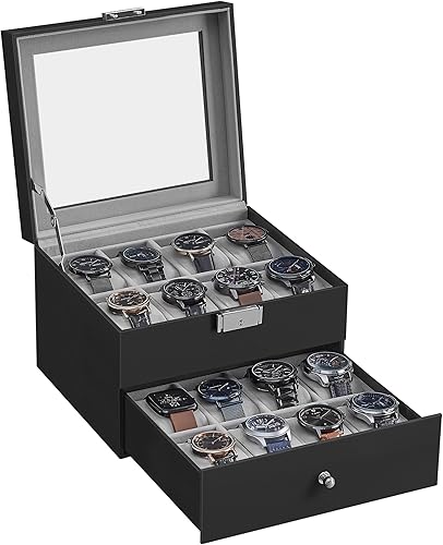 Miniatura 7 de SONGMICS Caja de reloj de 16 ranuras, caja de reloj con tapa de vidrio, 2 capas, vitrina de reloj con cerradura, cuero sintético negro, forro gris
