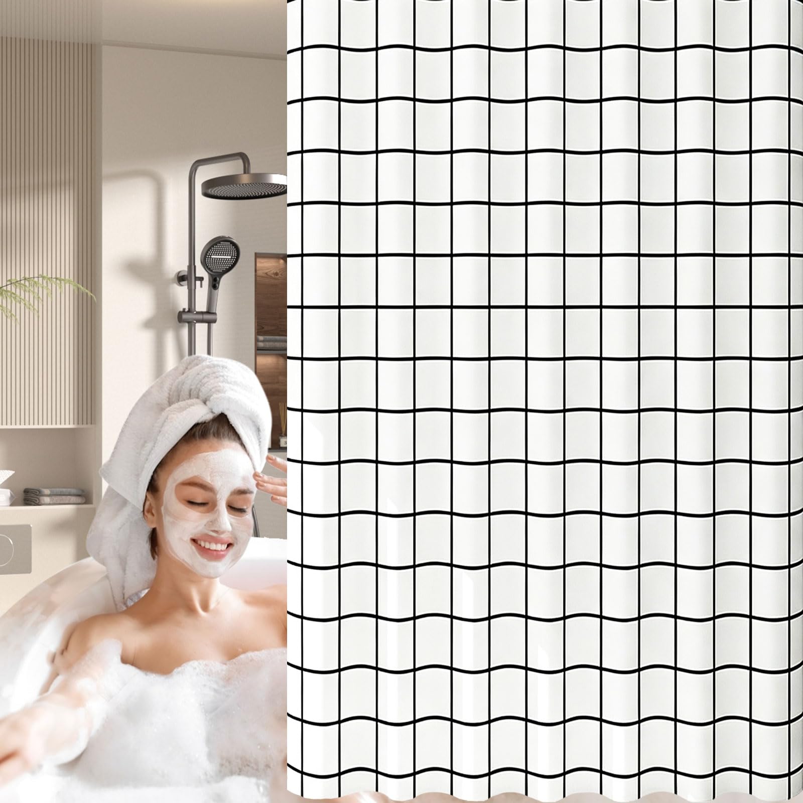 Rideau de Douche Anti-Moisissure 160 x 215 cm Anti Moisissure Imperméable Lavable Rideaux de Douche Modern avec Œillets et Crochets pour Baignoire, Salle de Bain, Treillis