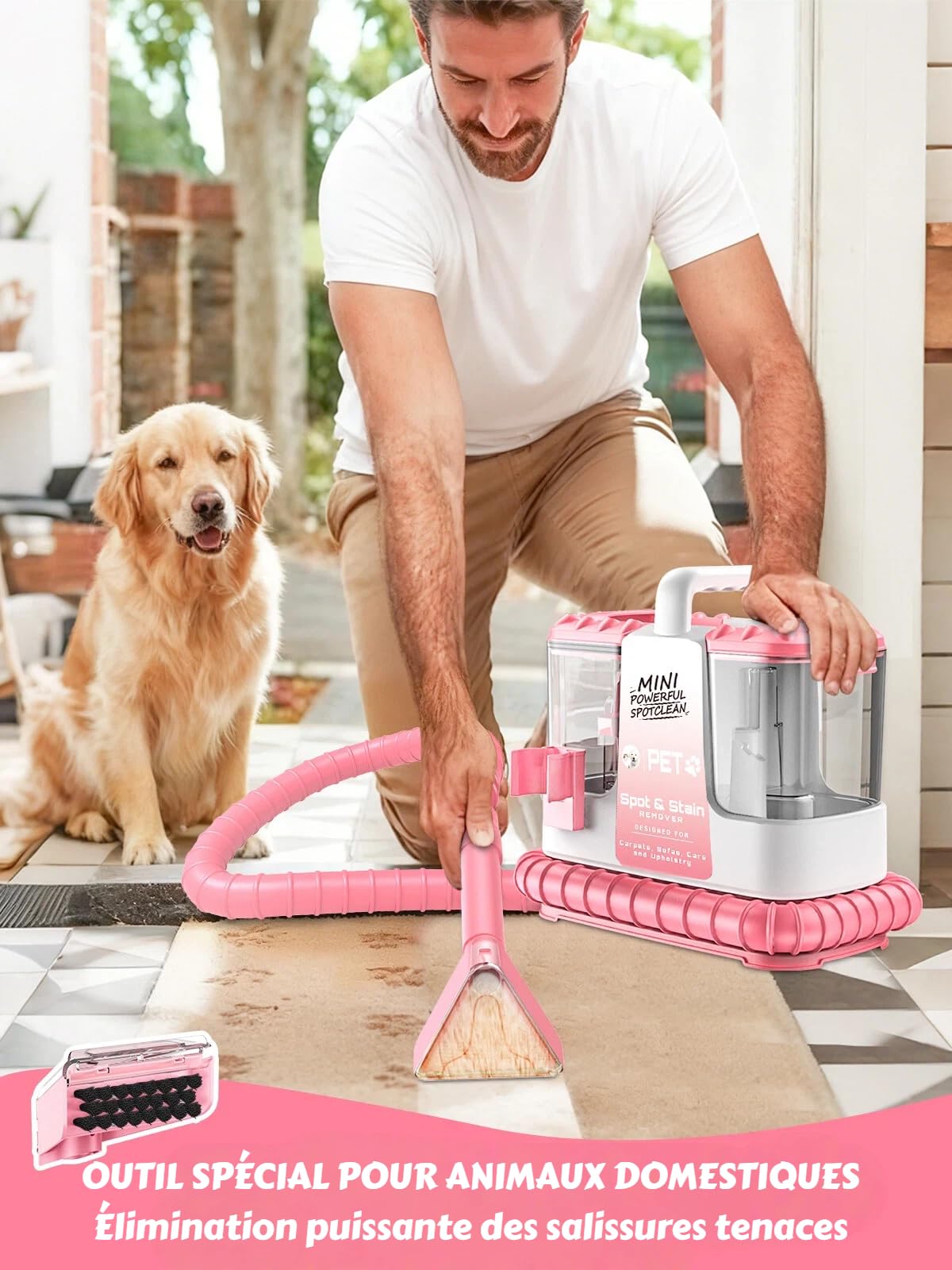 Nettoyeur canapé tissu, 18Kpa Shampouineuse Canapé 600W, Aspirateur Nettoyeur avec 500ml de Solution & 5 Accessoires, pour Tapis, Escaliers, Voiture, Design Léger, Rose