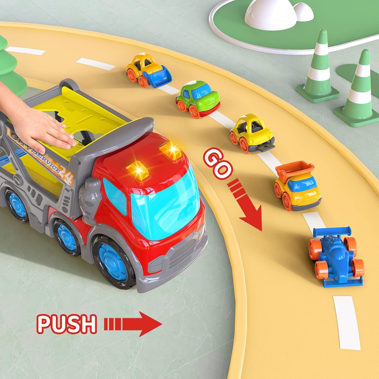 P&C 12.2" Toddler Car Transport Truck Toys for Ages 2-4, Car Carrier Transporter Double-Deck Hauler Truck‌ Toy Set with Sounds Lights for Kids 18M+ 2 3 4 5, Birthday Christmas Gifts for Boys Girls