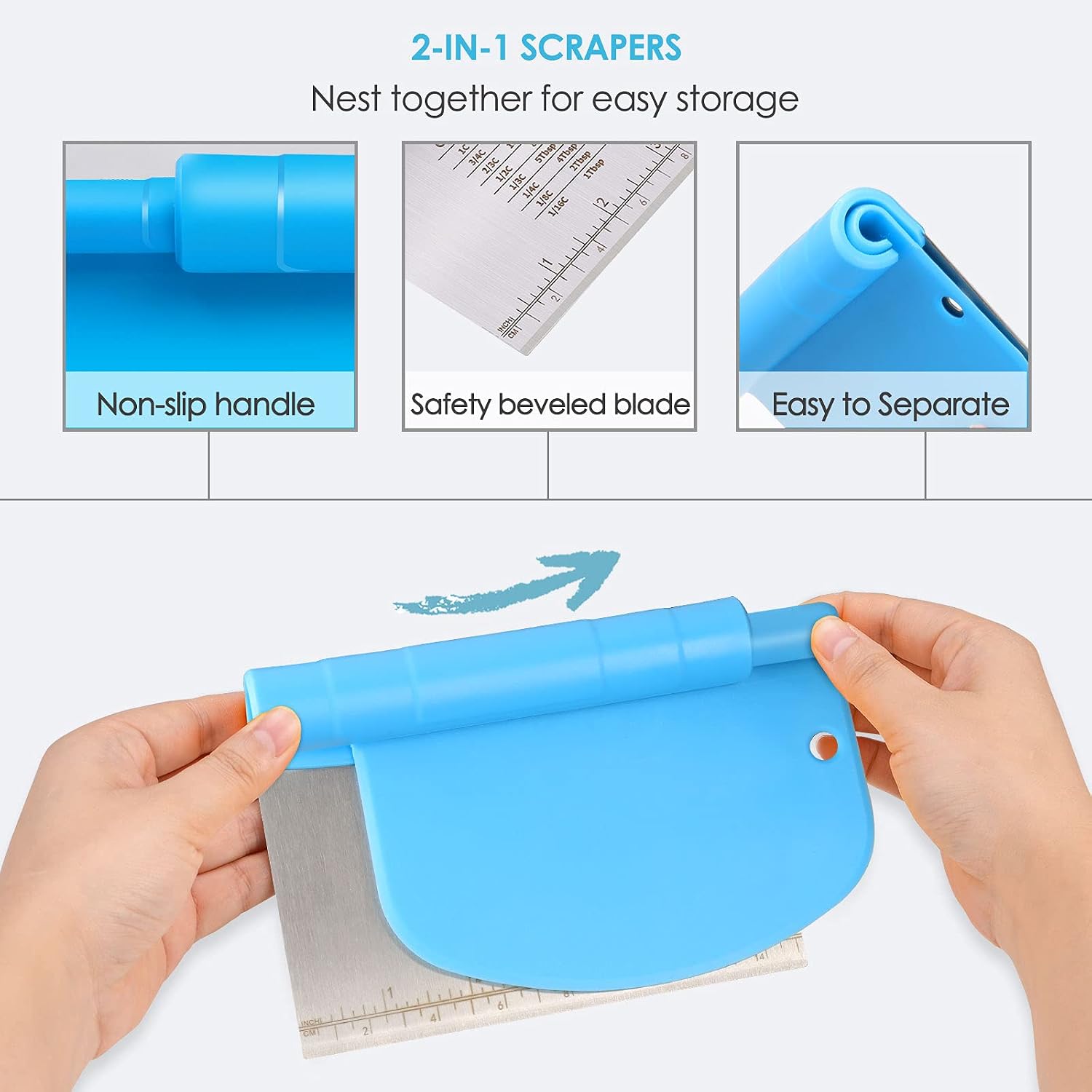 NanaHome Bench Scraper for Baking, Stainless Steel Dough Scraper Cutter and Flexible Plastic Bowl Scraper Set - Pastry, Pizza Cutter, Baking Tools with Measurement, 2 in 1 Kitchen Scraper (Blue)