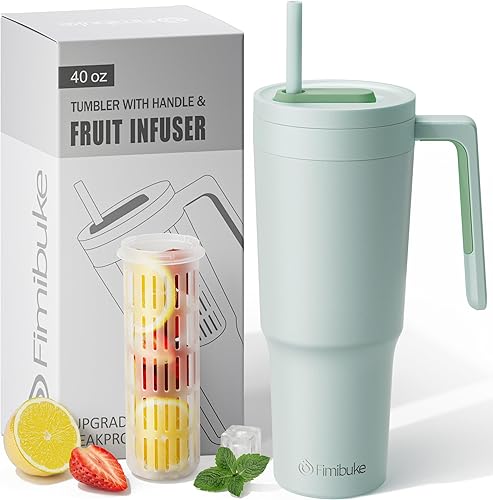 Fimibuke Vaso de 40 onzas con asa e infusor de frutas, taza aislada al vacío de acero inoxidable con tapa y pajilla, botella de infusión de agua,