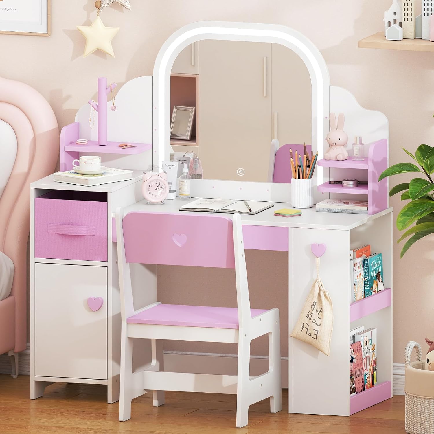 Kids Vanity with Lights and Chair, Princess Makeup Vanity Desk with Mirror Bookshelf Storage Cabinet,3 in 1 Toddler Vanity Table,Children Makeup Dressing Table,Pretend Play Vanity Set for Little Girl