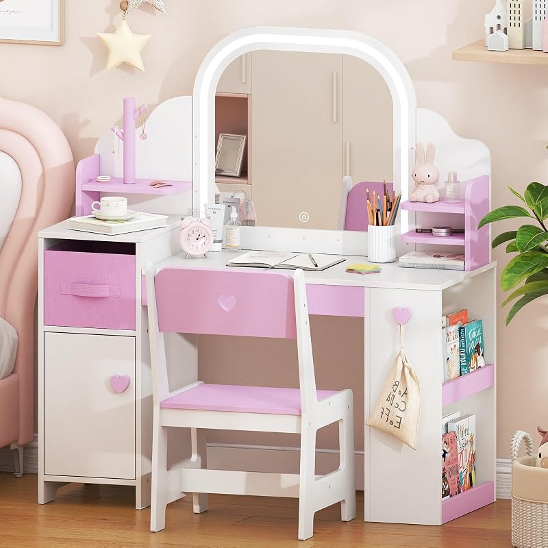 Frogprin Kids Vanity with Lights and Chair, Princess Makeup Vanity Desk with Mirror Bookshelf Storage Cabinet,3 in 1 Toddler Vanity Table Makeup Dressing Table, Pretend Play Vanity Set for Little Girl