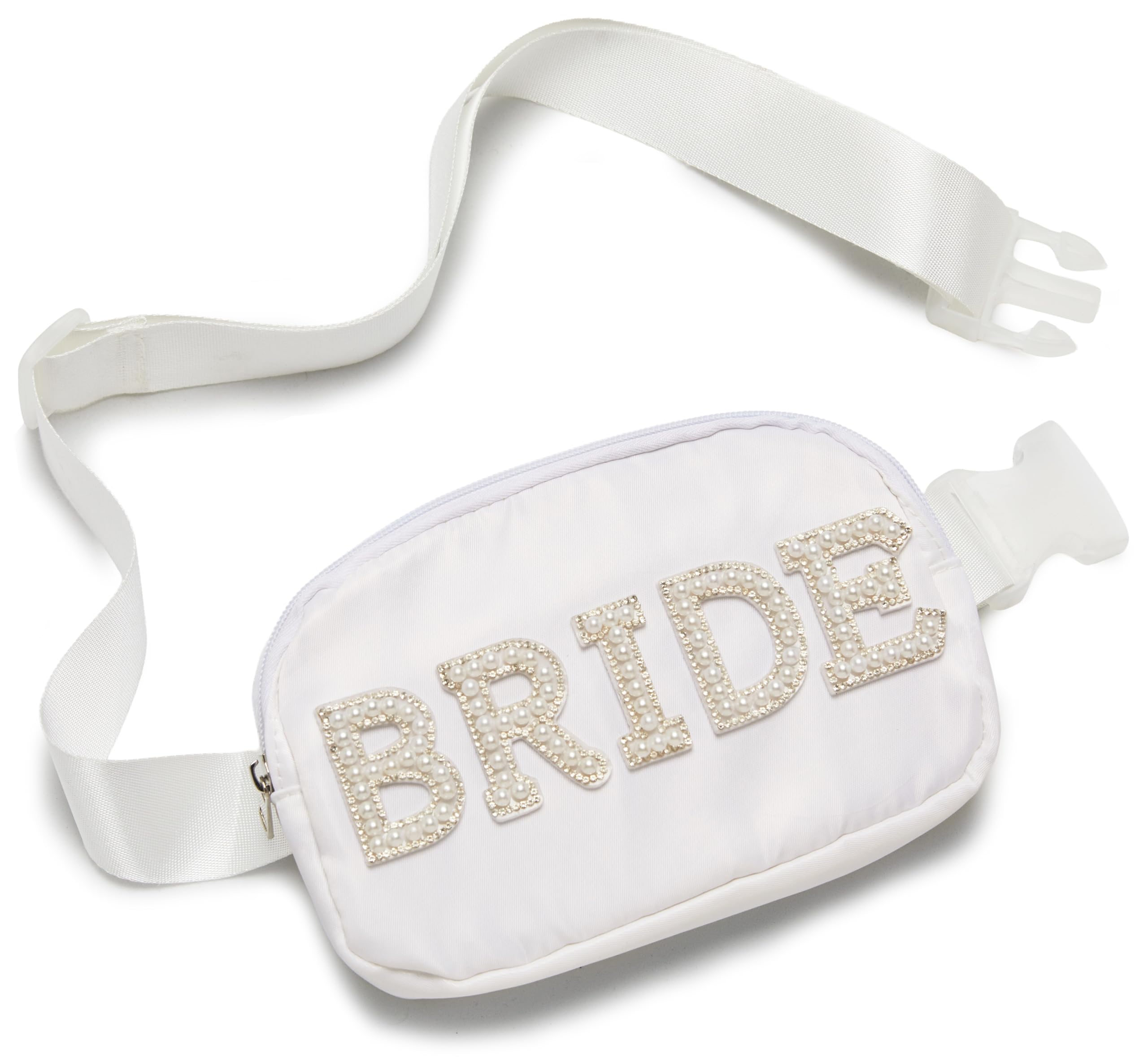 Funky Junque Bride Fanny Pack with Pearl Lettering | White Belt Bag Crossbody for Bachelorette Party, Bridal Shower, Engagement Gift & Travel - Bride