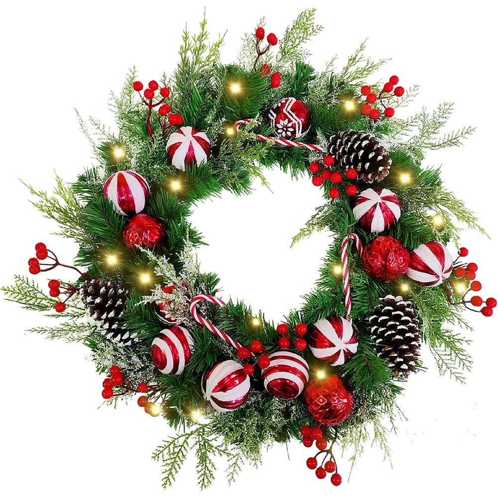 Couronne de Noël de porte d'entrée avec lumières LED - Guirlande de pin artificielle à suspendre pour porte d'entrée, extérieur (rouge)