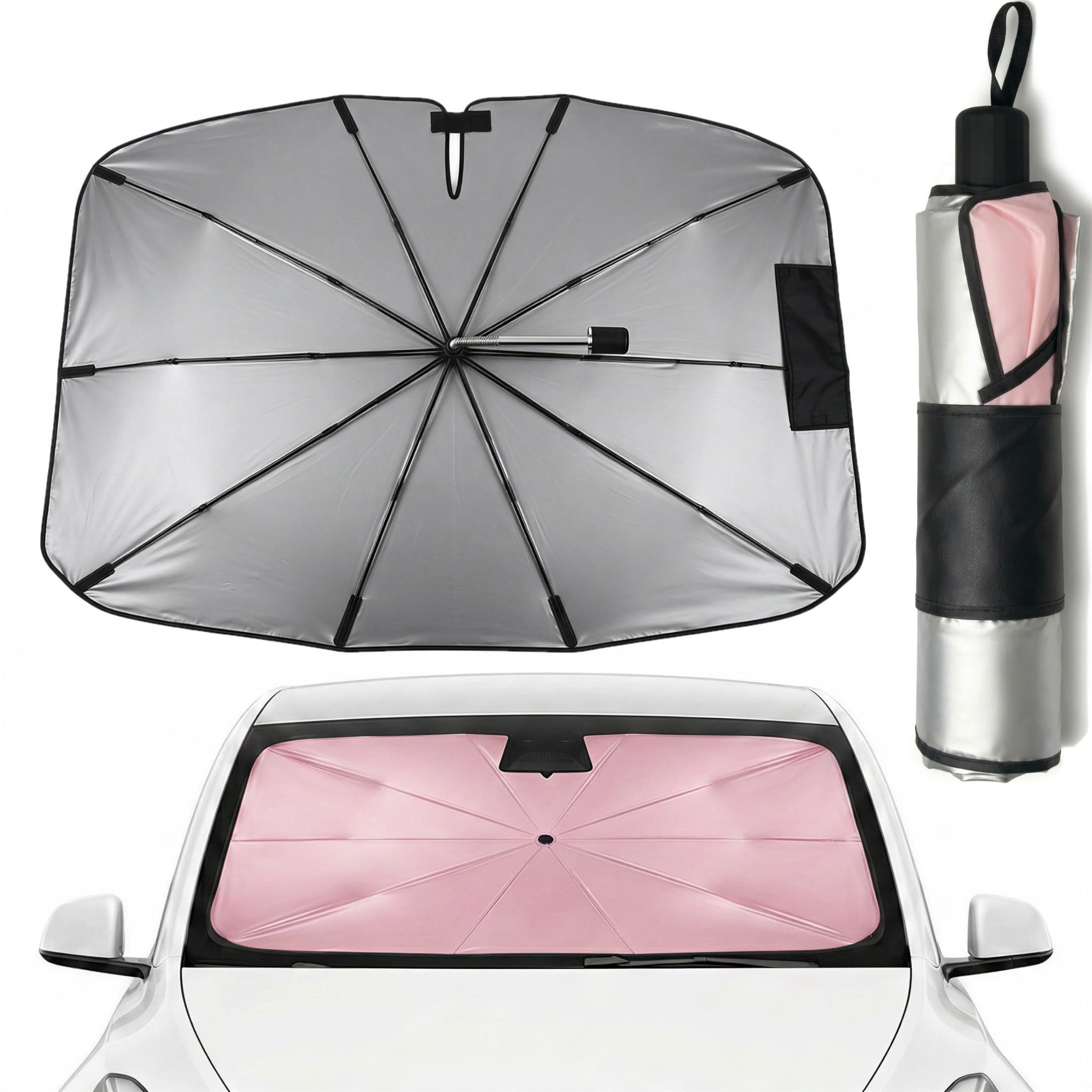 Parasol de Voiture 145 x 85cm avec Découpe en V | pour Voitures UE & SUV, Parapluie Pare-Brise avec Manche Flexible 360°, Anti-UV 3 Couches sans Odeur (Rose Cerisier, L~L)