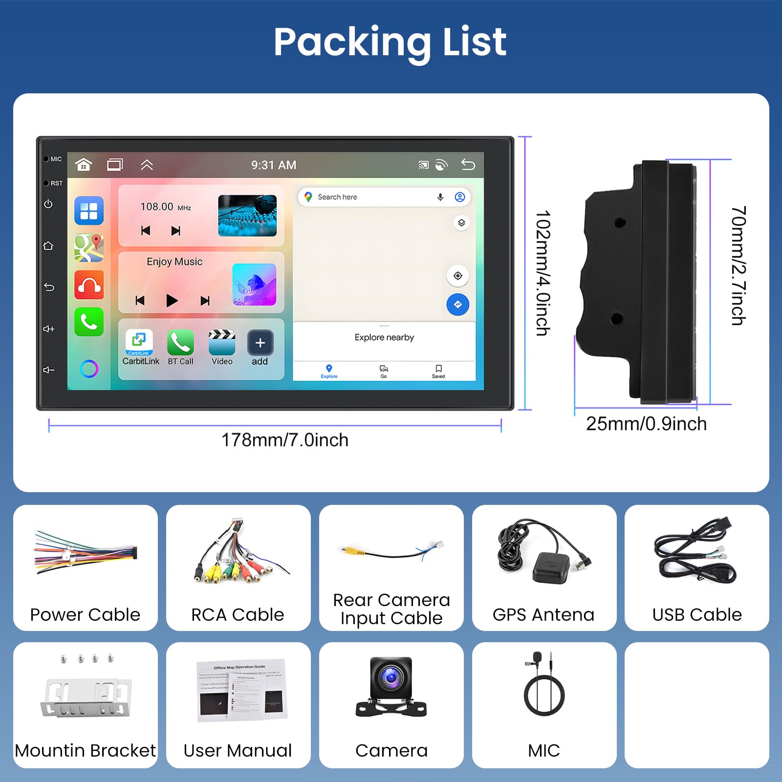 Hodozzy 8 Núcleos 6G+128G Android Radio de Coche 2 DIN Inalámbrico CarPlay y Android Auto, 7 Pulgadas Pantalla Táctil con Bluetooth 2 DIN GPS Navegación/WiFi, DSP Am/RDS/FM Radio MirrorLink, Cámara
