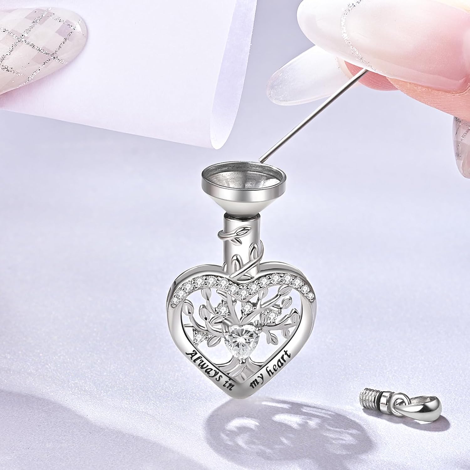 Sterling Silver Tree of Life Heart Urn Necklaces for Ashes - Cremation Memorial Jewelry Keepsake Pendant Necklace with Birthstone - Apr - Image 4