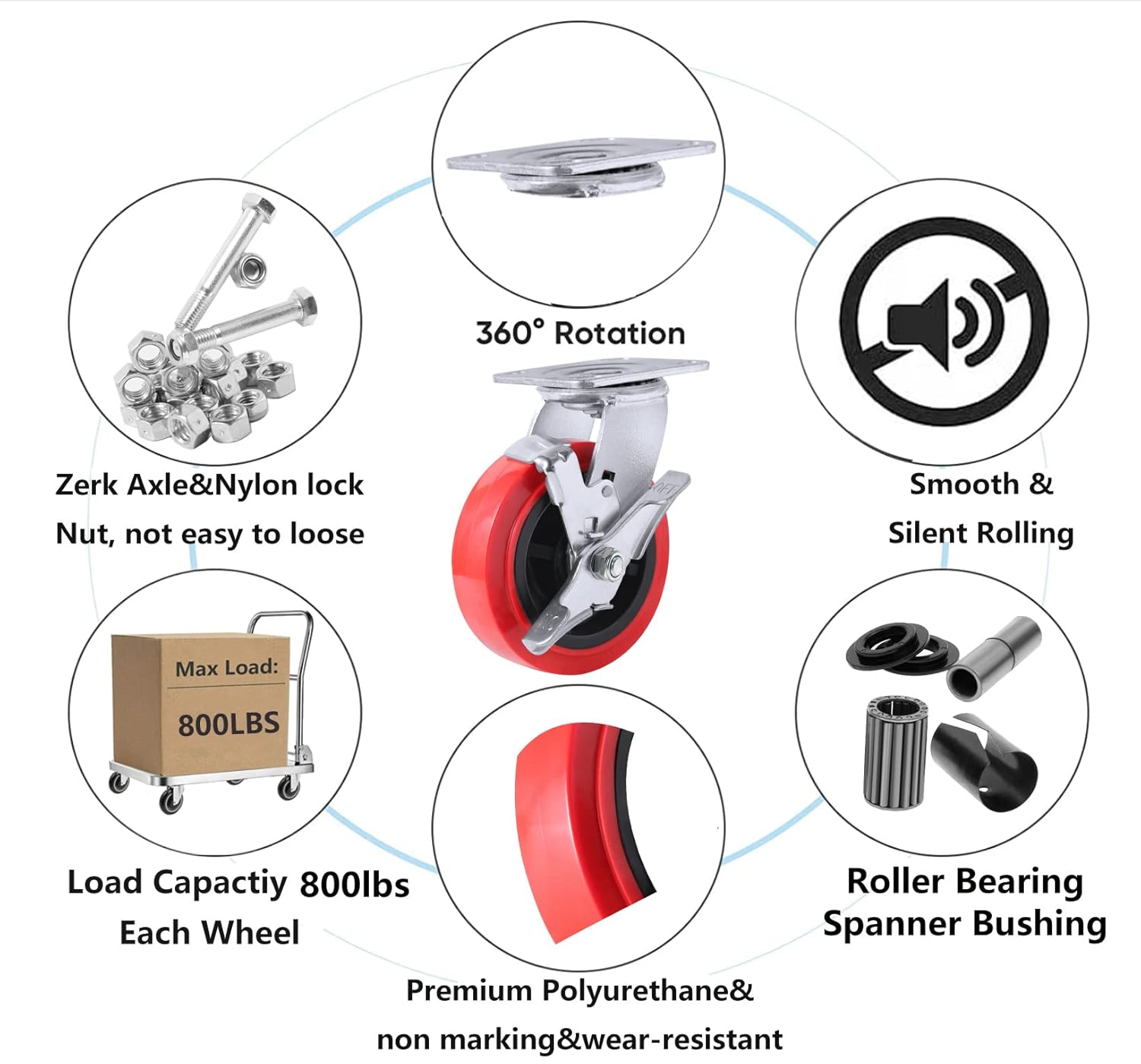 SY America 5" 4 Pack Plate Caster, Polyolefin/Polyurethane Wheel, Top Plate Caster Extra Width 2 inches, 3000 lbs Total Capacity (5 inches Pack of 4, 4 Swivel 2 w/Brake)