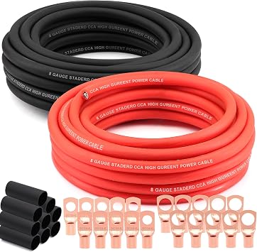 8 Gauge Wire 50ft Red/Black CCA Power/Ground Cable for Auto & Car Amplifier | 50ft 25ft ea 8ga CCA Primary Wire with Terminals & Heat Shrink Tubing for Car Amp, Ground, Marine, Inverter, Trolling Motor