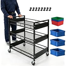 Heavy-Duty 3-Tier Metal Utility Cart on Wheels 330 LBS Capacity Rolling Material Supply Storage Trolley for Warehouse Stockroom Picking, Garage Parts Organization Includes 6 Bins & 8 Hooks