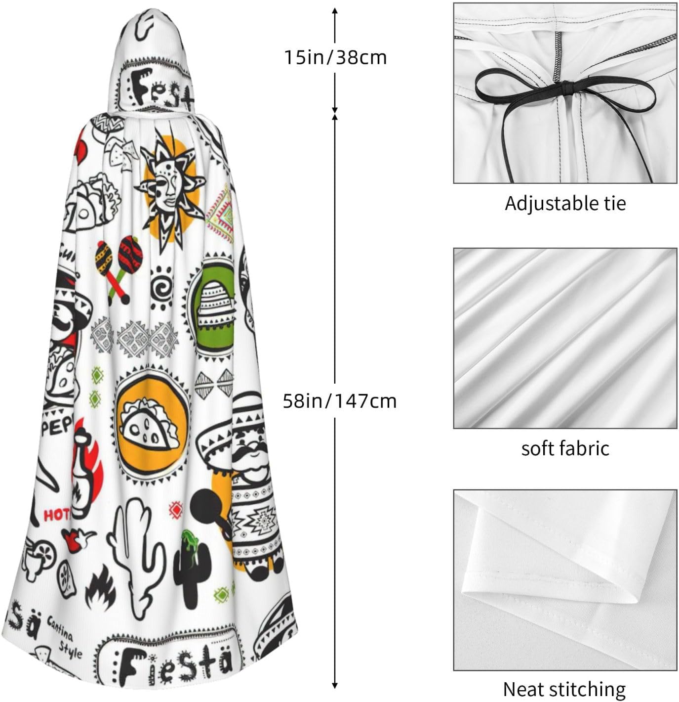 Mexican Salsa Symbols Print Unisex Hooded Halloween Cloak Long Cape Robe Dress Costumes For Adults Kids Cosplay