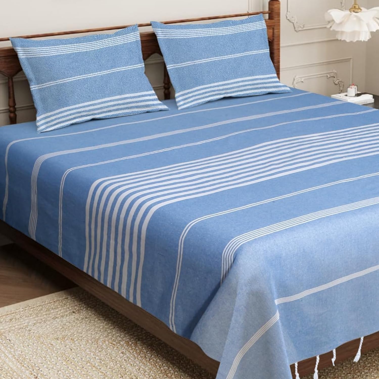 Värde Bedsheet for Double Bed King Size Cotton with 2 Pillow Covers | 210 TC Bedsheet | Flat Sheets | Handloom Bedsheets | Size 90 X 100 Inches, 7.5 X 8.3 Feet (Blue, King)-image-41