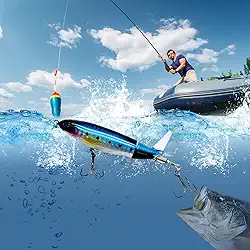 Isca de pesca Topwater, iscas Popper para peixe-gato robalo, isca de robalo com cauda rotativa flutuante isca rígida artificial, várias cores