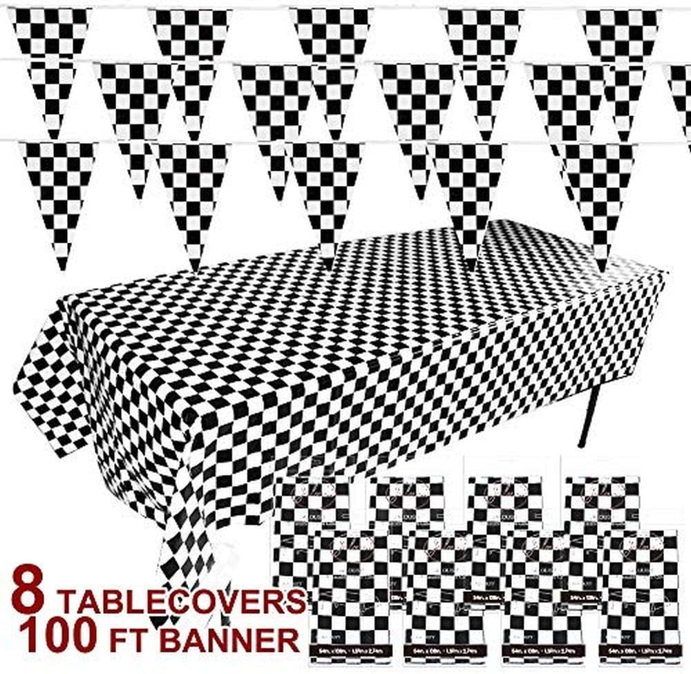 JALOUSIE Value Bundle Table Covers Party Decoration 8 Pack 54" x 108" Lead-Free Plastic Table Covers (Black and White Checkered)