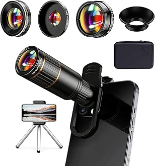 Updated COSULAN 4-in-1 Phone Camera Lens Kit, Come with 22X Telephoto Lens, 205° Fisheye Lens, 4K 0.67X Wide Angle Lens, 25X Macro Lens, Clip, and Phone Mini Tripod for iPhone and Android Phone Series