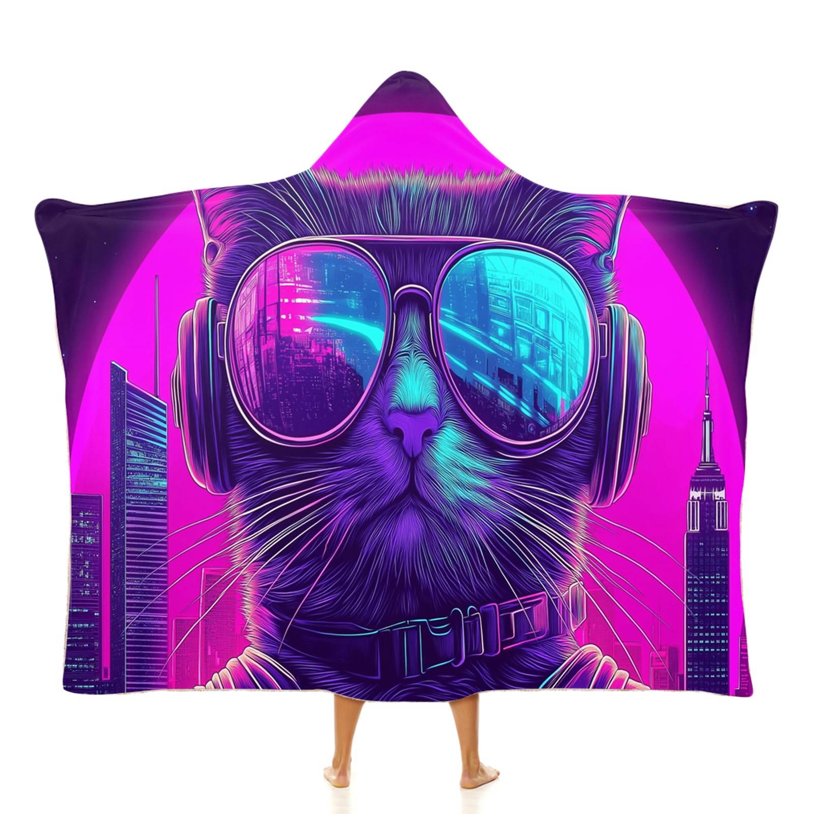 Animali Dei Cartoni Animati Coperta con Cappuccio di Flanella, Morbido Durevole e Caldo Gatto Al Neon Peluche Matrimoniale Coperte Copriletti per Letto Divano 130 × 150 cm