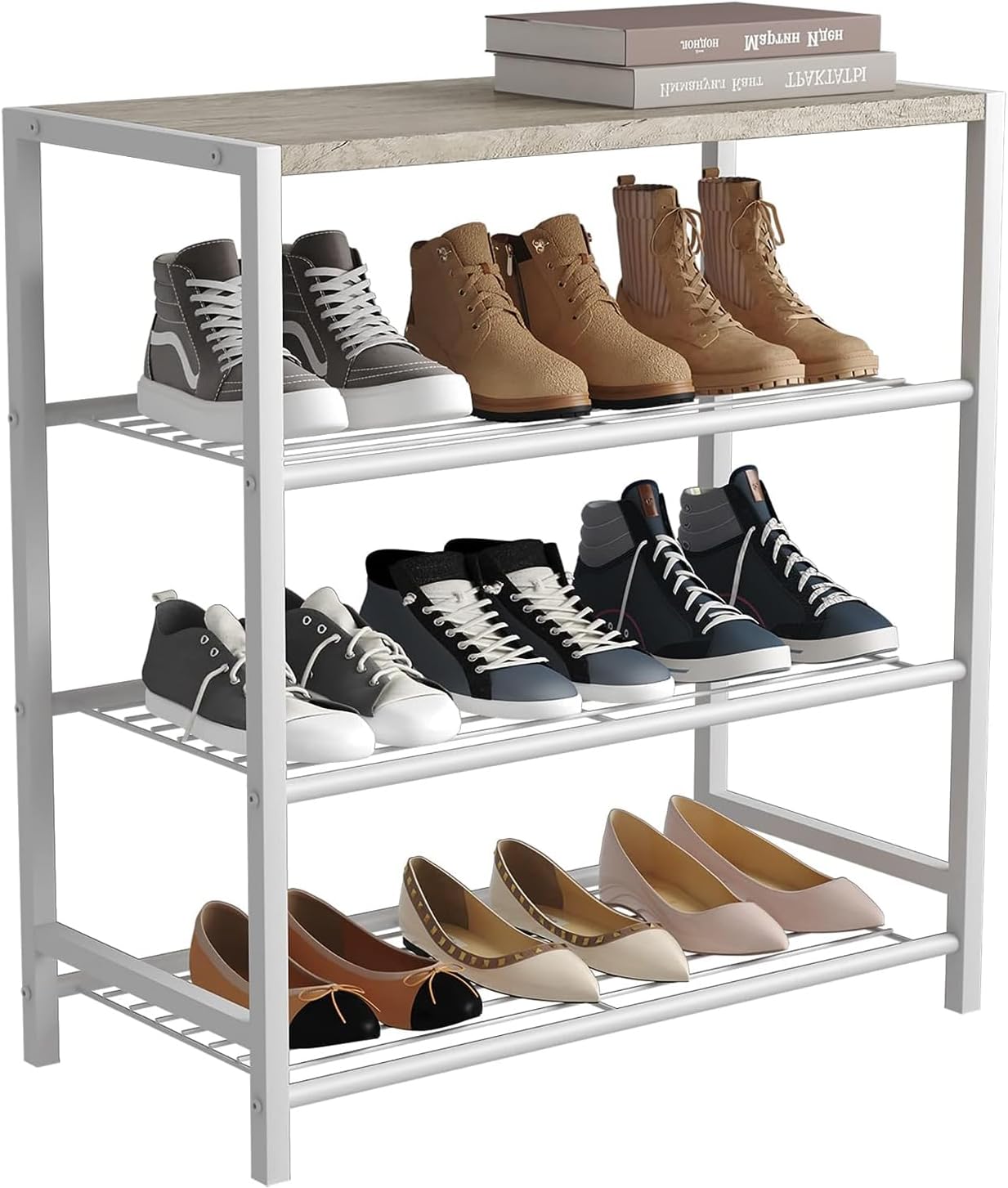 HOME BI 4-Tier Industrial Shoe Rack, Metal Shoe Storage Organizer, Durable Shoe Shelf for Closet, Hallway, Entryway, Living Room,White