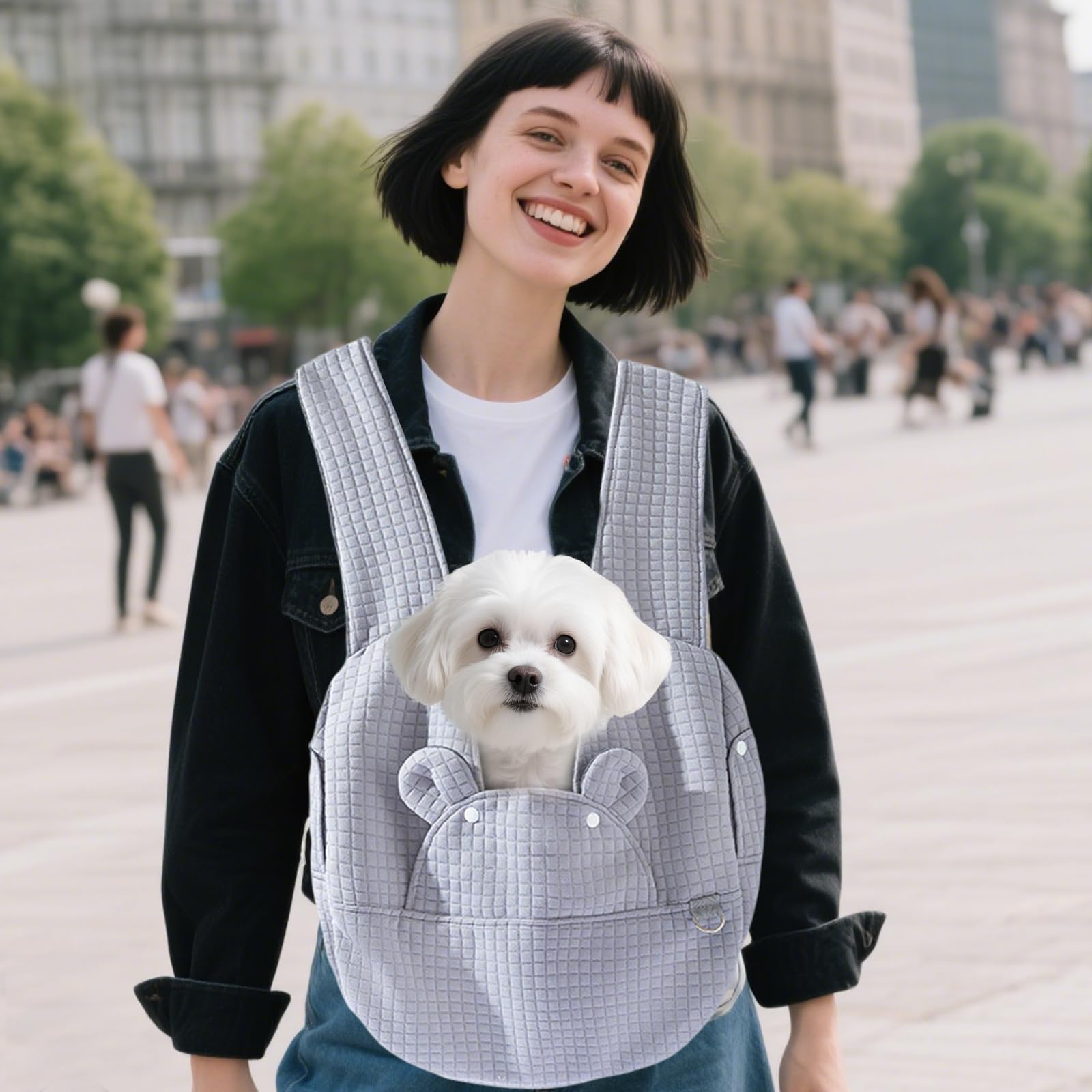 PETCUTE Sac de Transport pour Chiens, Mains Libres Sac de Transport à l'avant pour Animal Domestique,Plaque Inférieure Amovible,Lavable Sac Bandoulière pour Chien avec Ceinture de Sécurité