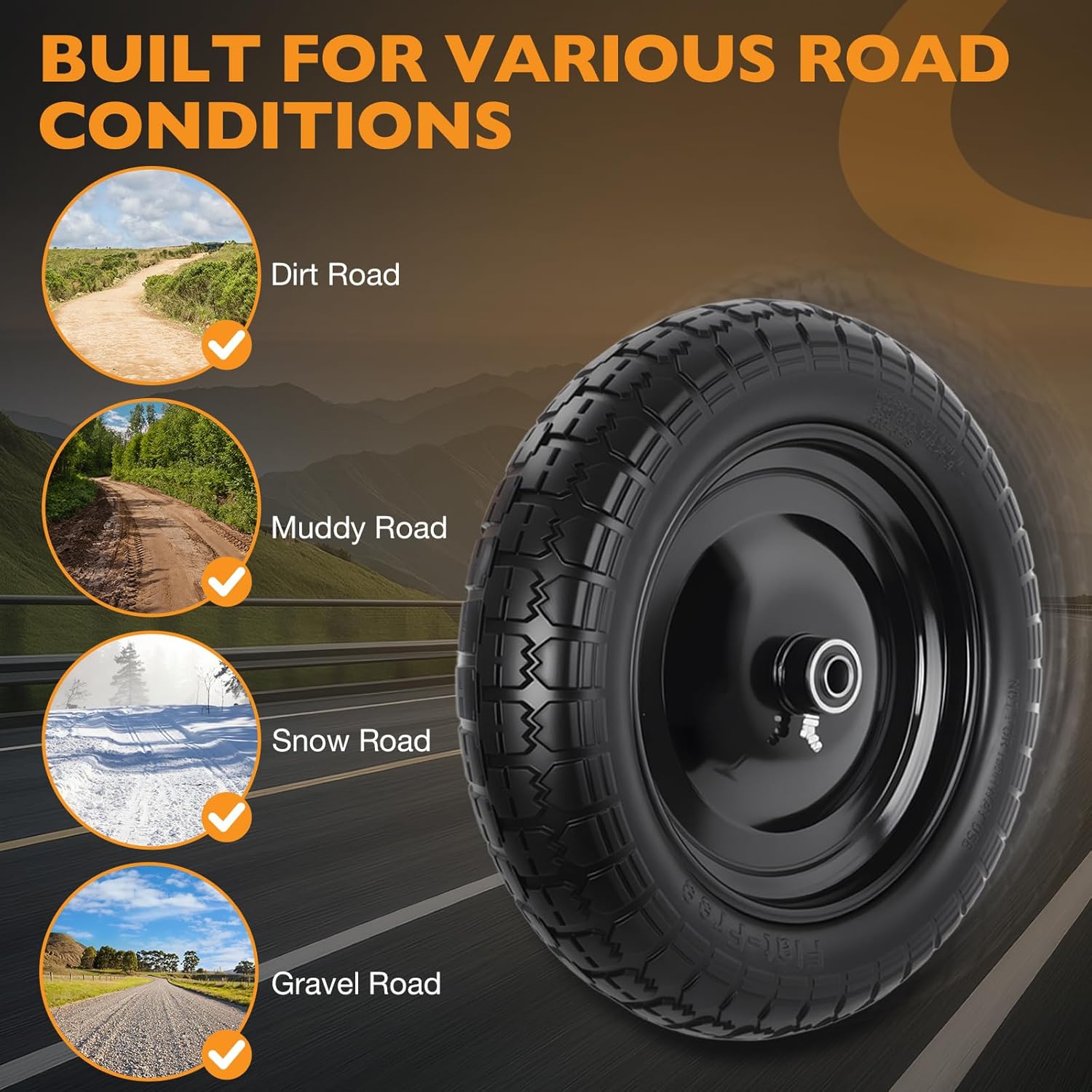 HQPASFY 14.5" Flat Free Tire 4.80/4.00-8 Wheelbarrow Tire and Wheel, 3" Centered Hub, 5/8" & 3/4" Bearings Replacement for Wheelbarrows, Garden Carts, Dump Carts, Lawn Equipment - Image 4