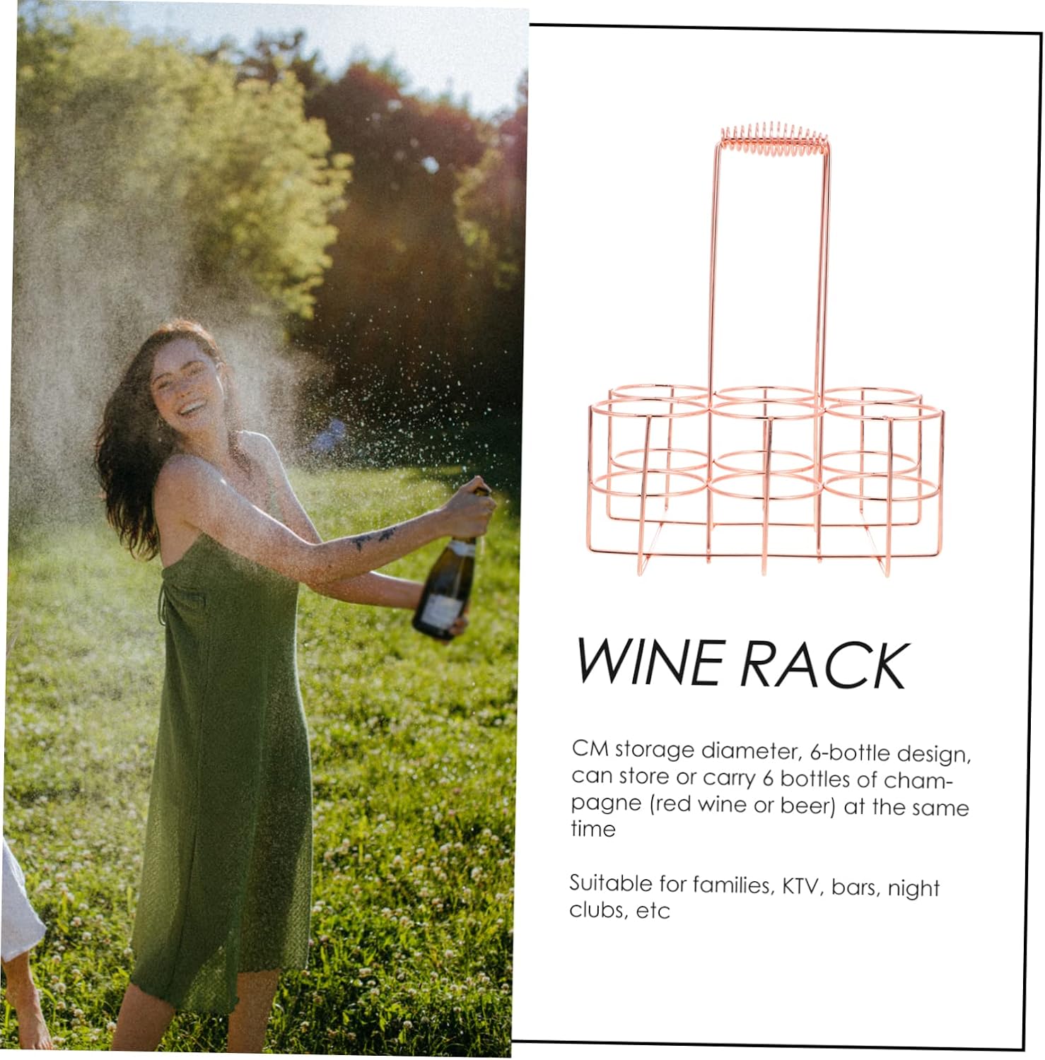 SHOWERORO Iron Beer Storage Rack Portable Wine Bottle Holder for Beer and Wine Bottles Stylish Rose Gold Design Convenient Carrying Rack for Home Bars and Parties