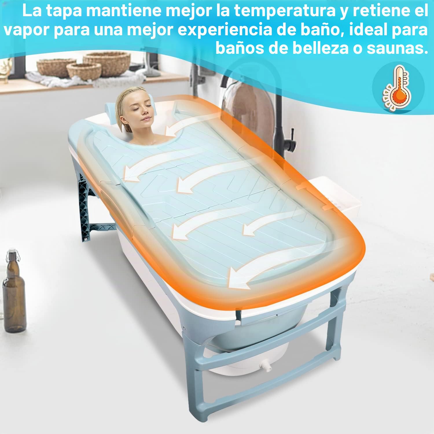 Bañera plegable para adultos, 118 x 60 x 50 cm, bañera móvil plegable portátil con cubierta y cesta de jabón, para baño y ducha - azul