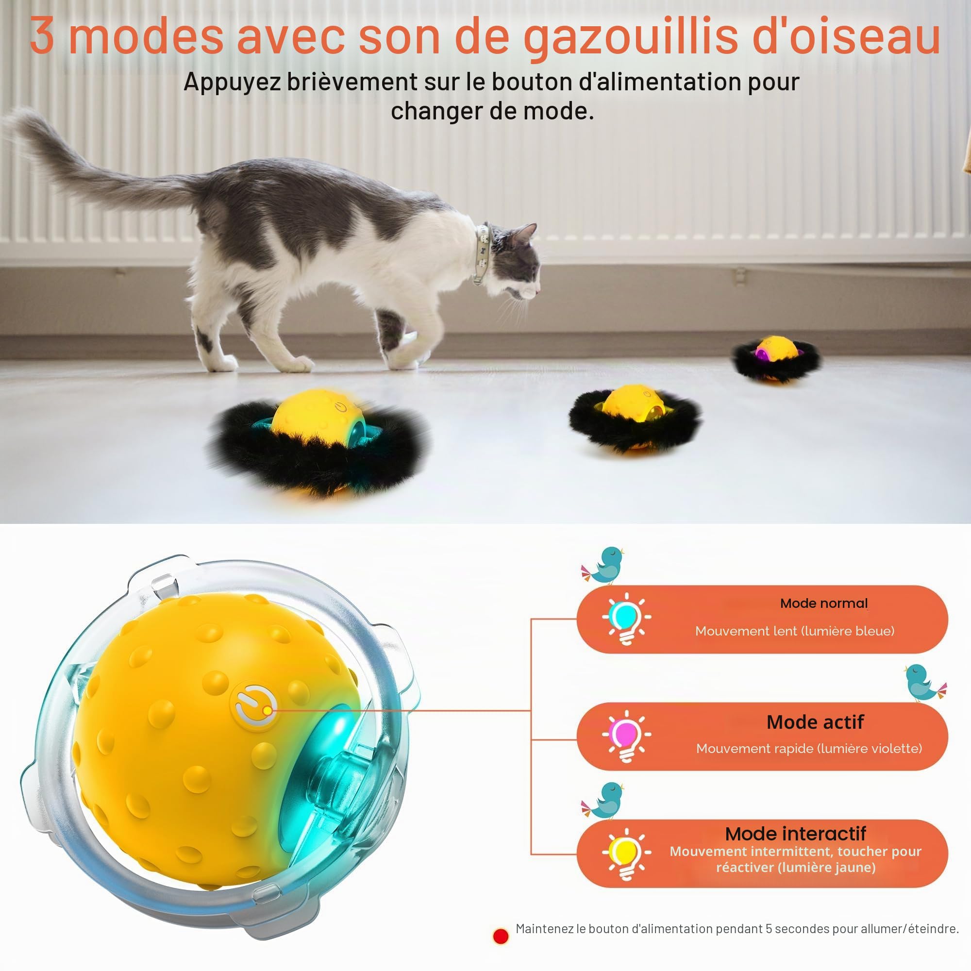 Iokheira Jouet Chat Interactif, Jouet Chat Interieur, Automatique Balle - Rechargeable et Silencieuse, Jeux pour Chat Interieur, Jeu de Chasse pour Chat, Jouet de Noël (Jaune)
