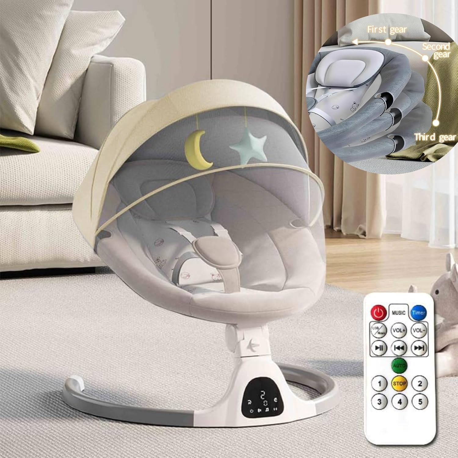 Adjustable Height Baby Swings Bluetooth 5 Speed Music Speaker with 12 Preset Lullabies Remote Control Indoor Baby Rocker with Touchscreen Chair for 0-9 Months Khaki