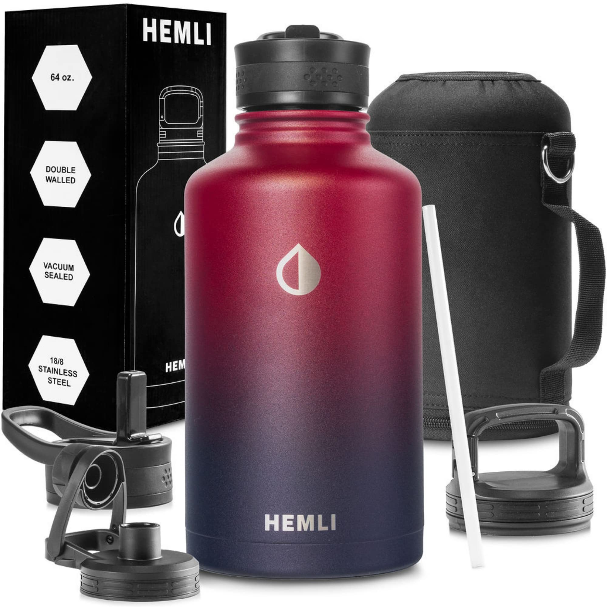 Buy HEMLI 64 oz. Sports Water Bottle with 4 Lids, Half Gallon Vacuum