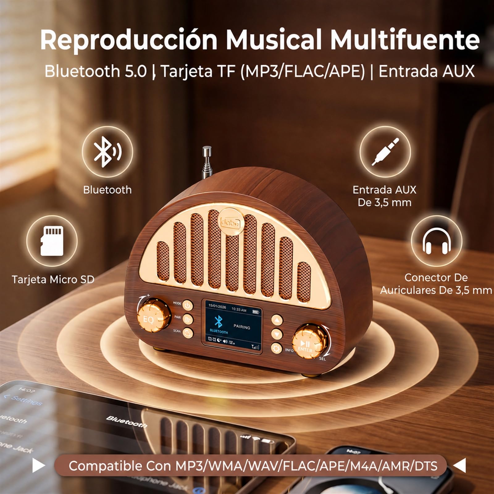 ROCAM Radio Retro Vintage Dab+/Dab/FM con Bluetooth 5.0 & 3000mAh Batería