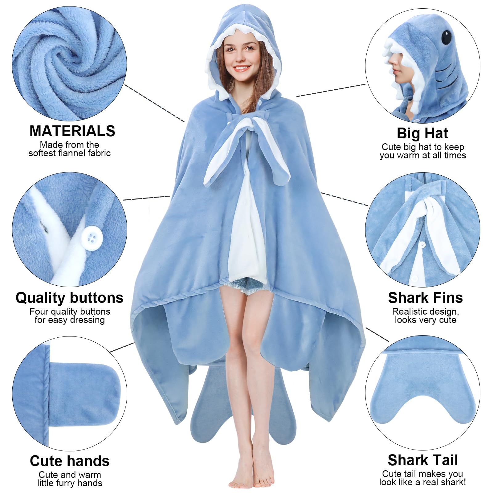MSISILY Coperta Squalo, Coperta con Maniche e Cappuccio, Coperta Indossabile Donna, Regali di Squalo per Donne, Coperta Divano - Squalo Blu