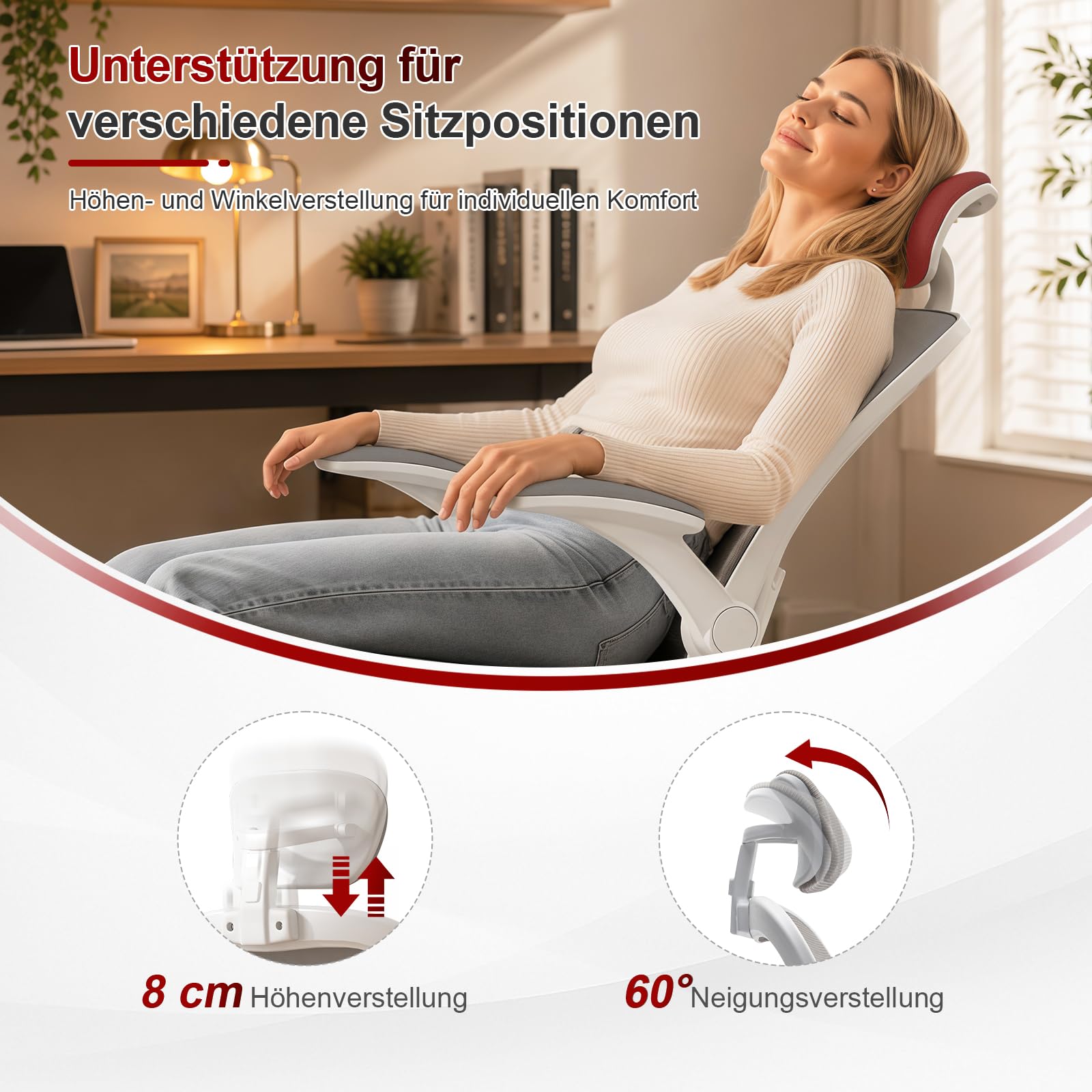 Ergonomischer Bürostuhl für Homeoffice, Schreibtischstuhl mit Verstellbarer Lendenstütze & Kopfstütze, Netzstuhl mit klappbaren Armlehnen, Computerstuhl für Büro, Lernen und Gaming, Grau