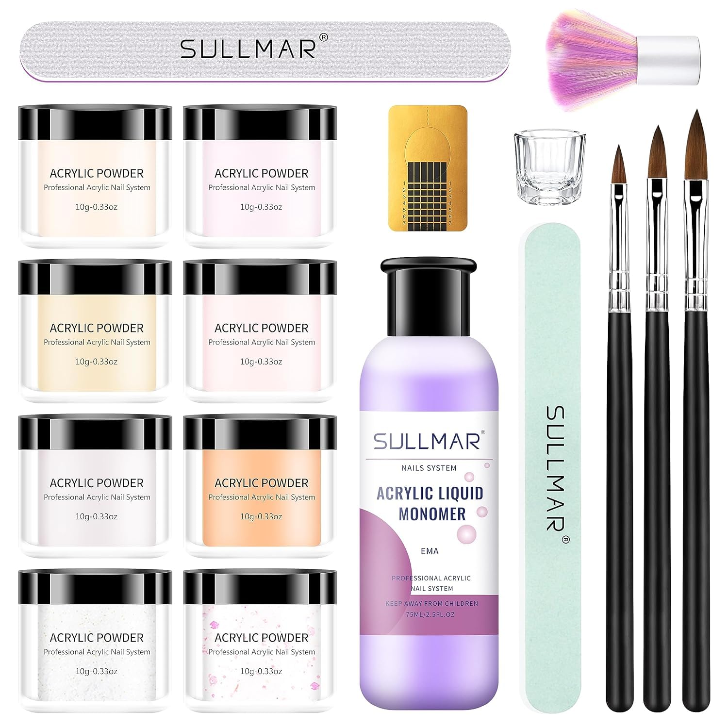 SULLMAR Acrylic Nail Kit For Beginners With Everything 8 Colors Acrylic Powder Acrylic Liquid Monomer With The Acrylic Nail Brush NailT Ools Nail Kits