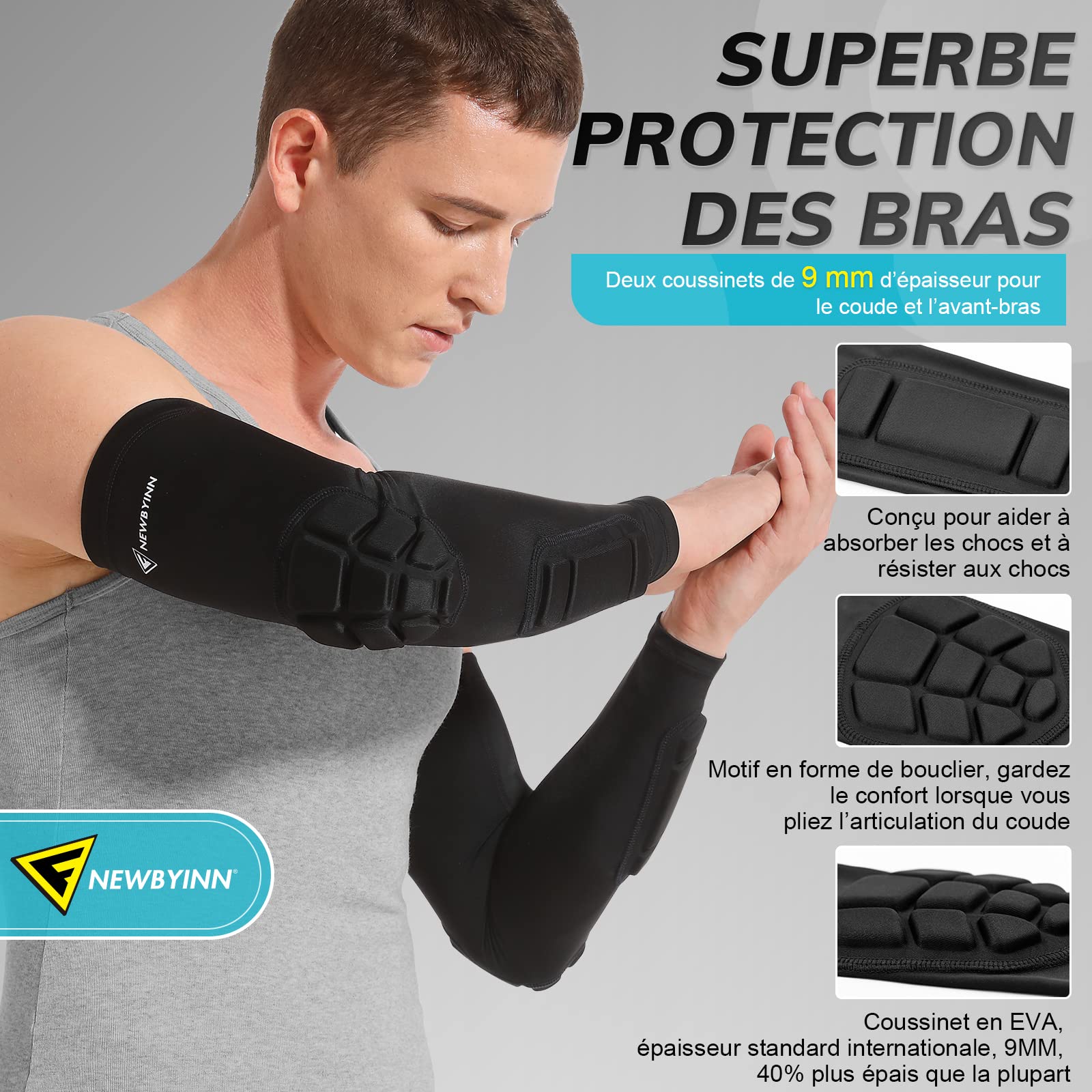 Newbyinn Manche Coude Rembourré 1 Paire, Coudiere Manchette Protection Avant Bras Coude pour Volleyball Basketball Football