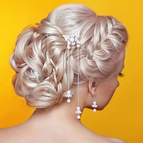 Miniatura 4 de Joez Wonderful Juego de 5 horquillas chinas para el cabello, pinzas de mariposa para el cabello con borla larga, flores de pelo Hanfu con perlas,