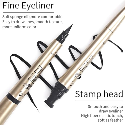 Miniatura 2 de Erinde Sello delineador de ojos con alas, 2 bolígrafos delineadores de ojos líquidos negros, herramienta de maquillaje fácil de ojo de gato, larga