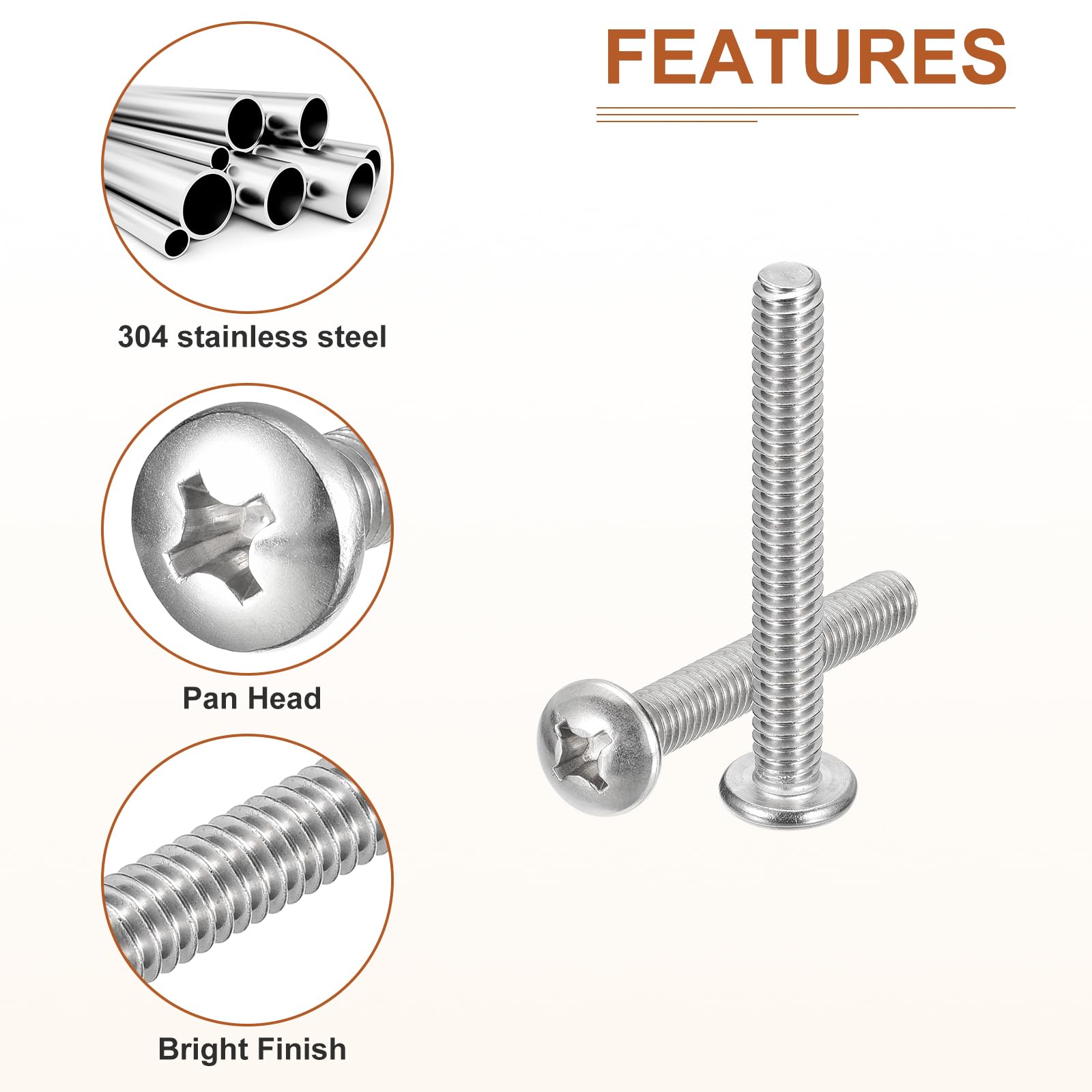 DTGN 1/4-20x2" Pan Head Machine Screws, 10Pcs 304 Stainless Steel, Phillips Drive, UNC Full Thread, Bright Finish, Screws Bolts Kit - Image 4
