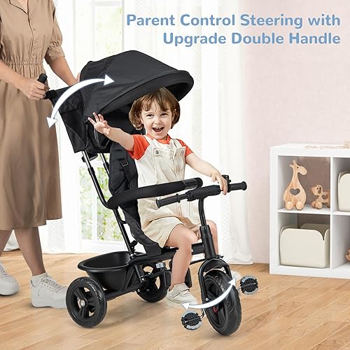 Miniatura 4 de INFANS Triciclo para niños, triciclo para bebés 6 en 1 con asiento reversible, mango de empuje ajustable, dirección de control, toldo extraíble,