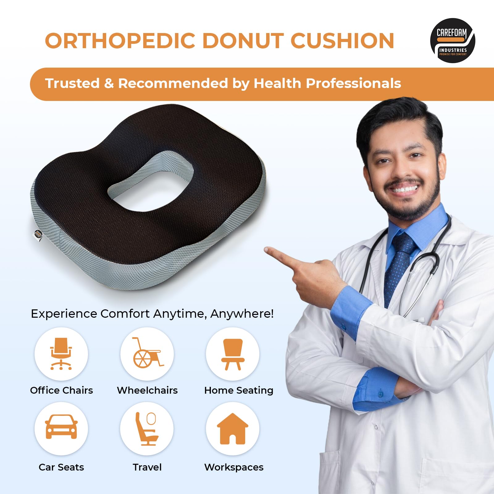 CareFoam Memory Foam Donut Pillow for Tailbone Pain-Coccyx Seat Cushion for Chair-Hemorrhoid & Piles Pillow | Orthopedic Coccyx Ring Pillow | 18 x 14 x 3 Inch | Premium Mesh Washable Outer Cover - Image 5 thumbnail