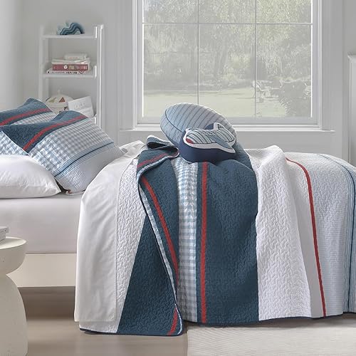 Miniatura 3 de Finlonte Juego de edredón tamaño Queen, bonito diseño de rayas blancas y azul marino para niños y niños, colcha ligera de algodón, transpirable,