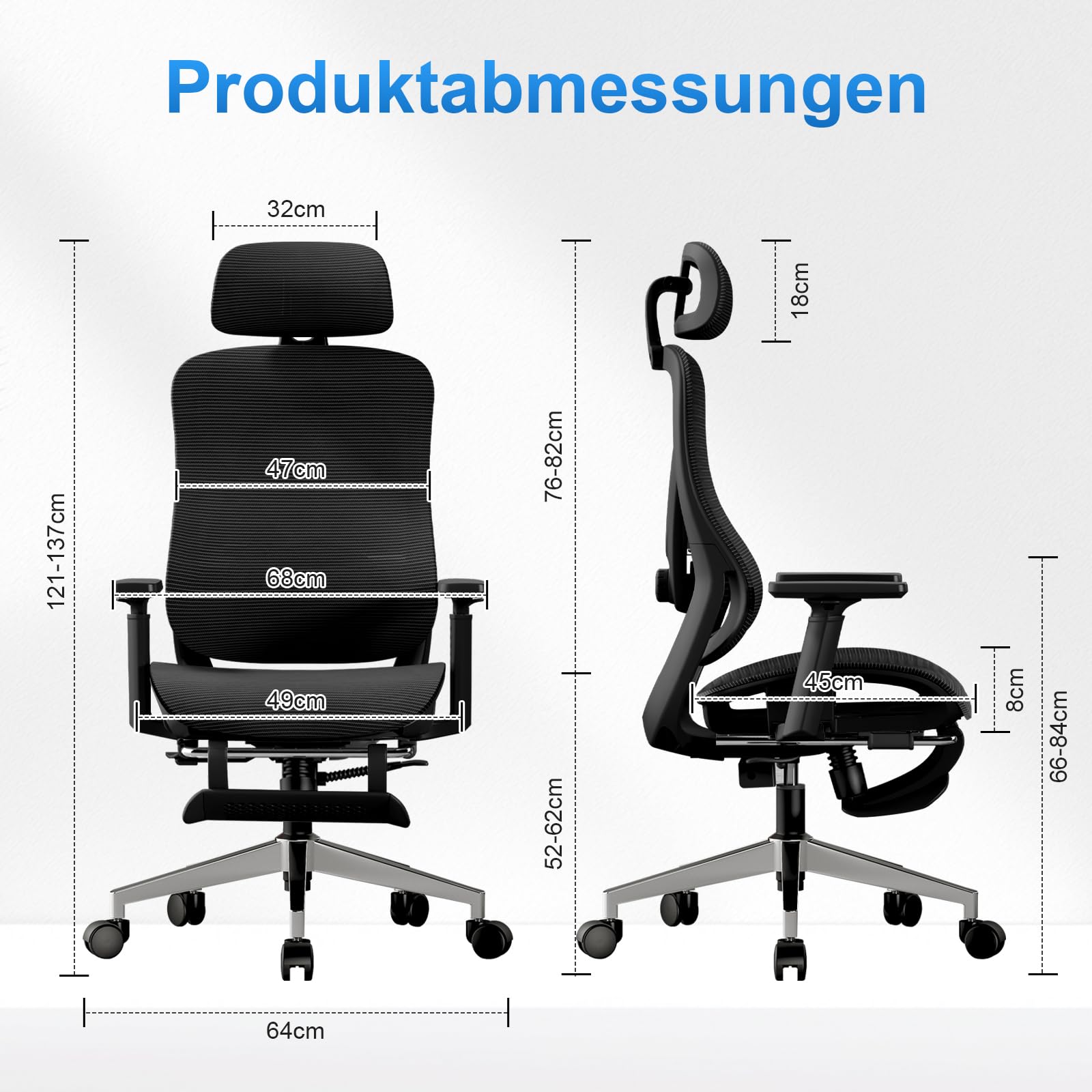 Ergonomischer Netz-Bürostuhl mit Verstellbarer Lendenstütze und Fußstütze, Schreibtischstuhl mit drehbaren Armlehnen und Kopfstütze, neigbarer Computerstuhl für Homeoffice und Gaming, Schwarz
