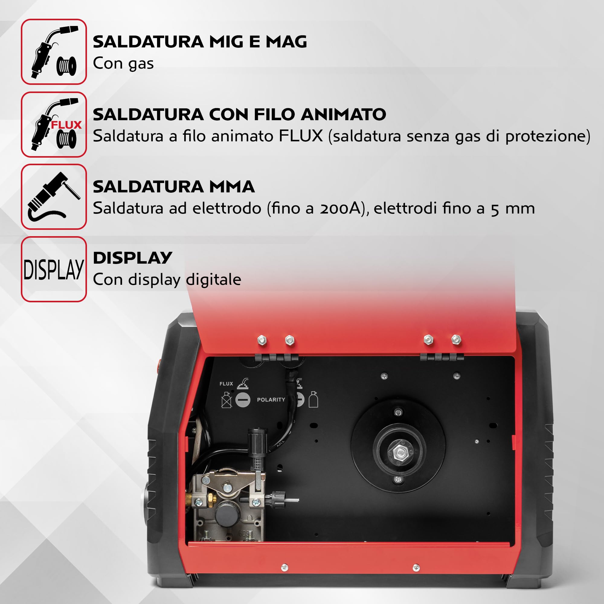 TIGMIG Saldatrice Inverter MIG/MAG (Con o Senza Gas) + FLUX (Filo animato) + MMA, Fino a 200A, Modello TM250INVMIG, Inverter IGBT, Accessori inclusi, Garanzia e Assistenza Italia