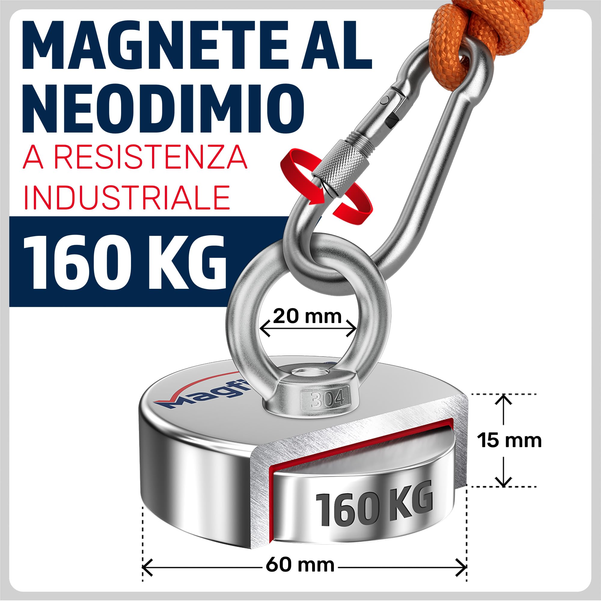 MAGFISHION Calamita Potente - Set di Magnete da Pesca - Forza di Trazione 160KG - Ø60mm - Magneti al Neodimio - Calamite Potenti con Corda (20M) & Guanti - Magnet Fishing